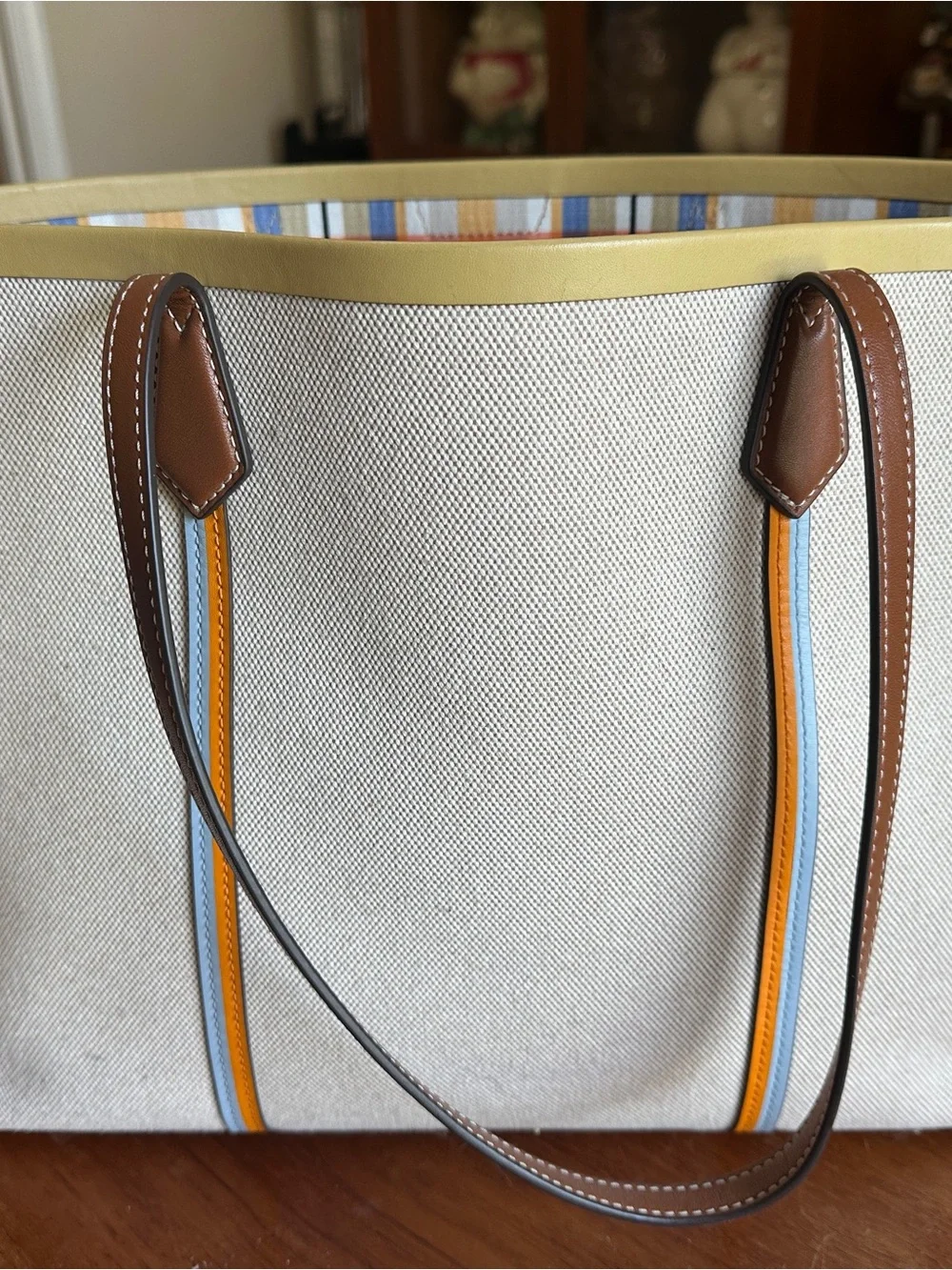 Tory Burch Canvas Tote with Brown Leather Trim and Orange & Blue Accents